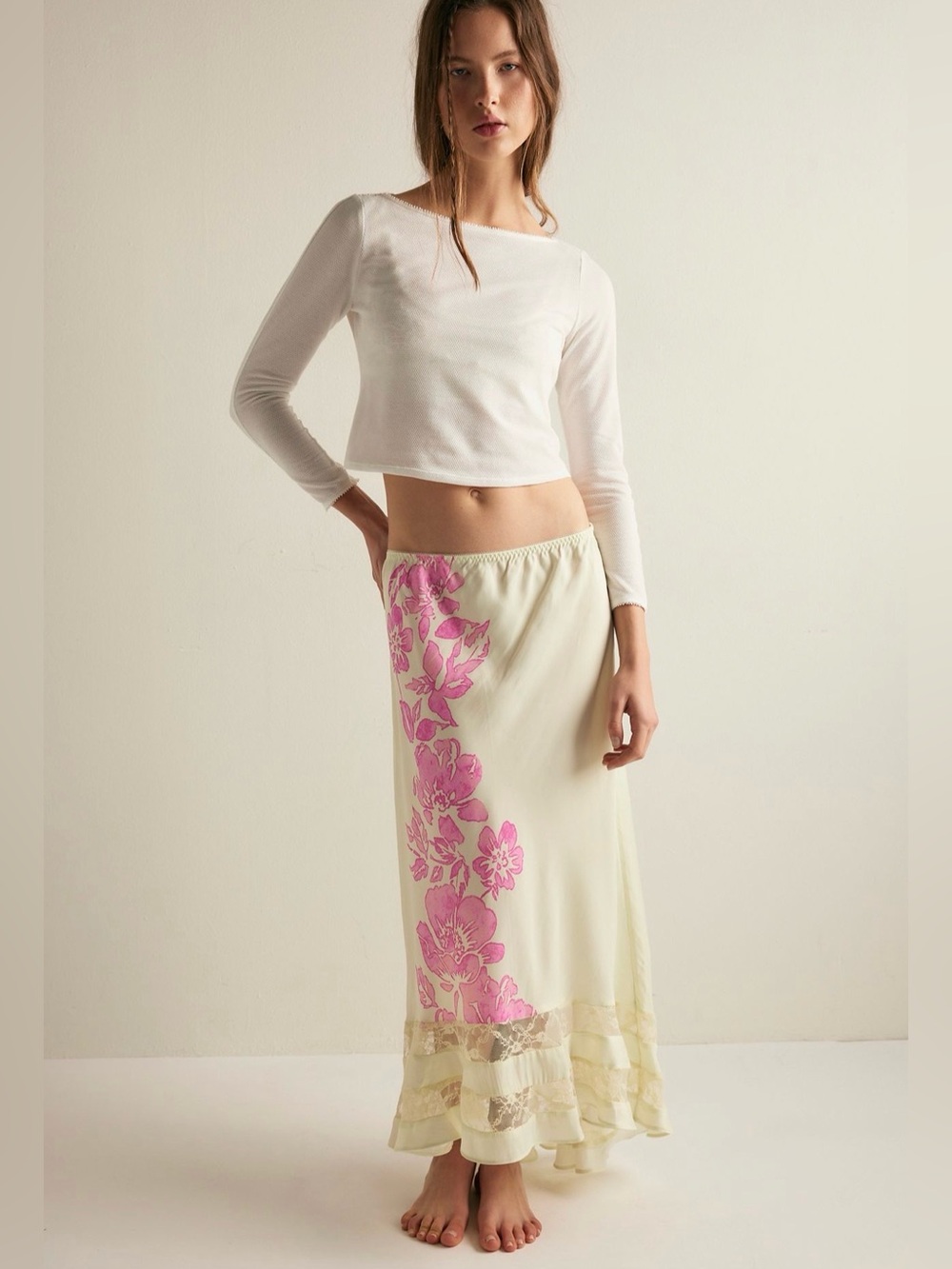 Free People Long Lost Lover Printed Maxi Skirt in Soft Green Combo size Lg NWT